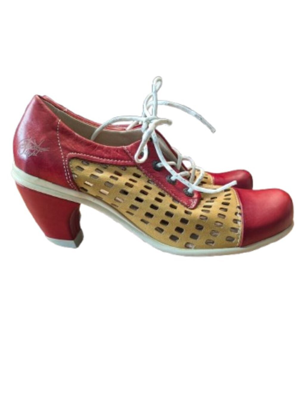 Eject Emma Red Mustard Leather Colorblock Cutout Heels 37 or 37.5